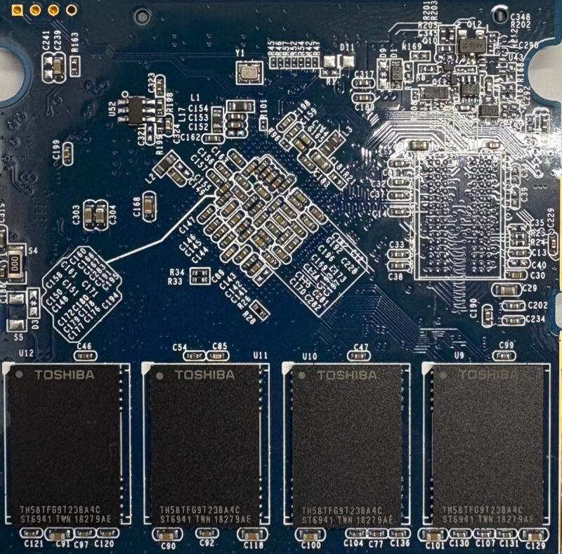The circuit board from a LaCie Mobile SSD, showing Toshiba NAND chips